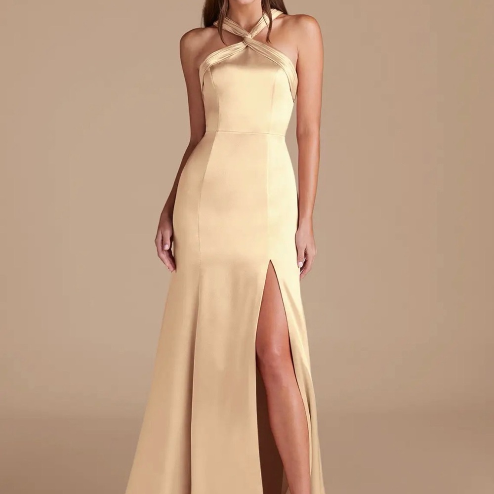 Elegant Gold Halter Evening Gown with Thigh Slit